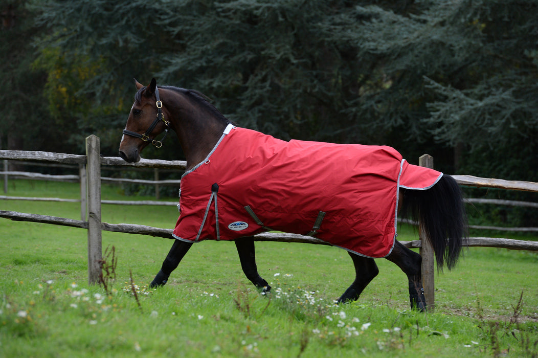 WeatherBeeta ComFiTec Classic Standard Neck Turnout Blanket (220g Medium) in Red with Silver/Navy Trim
