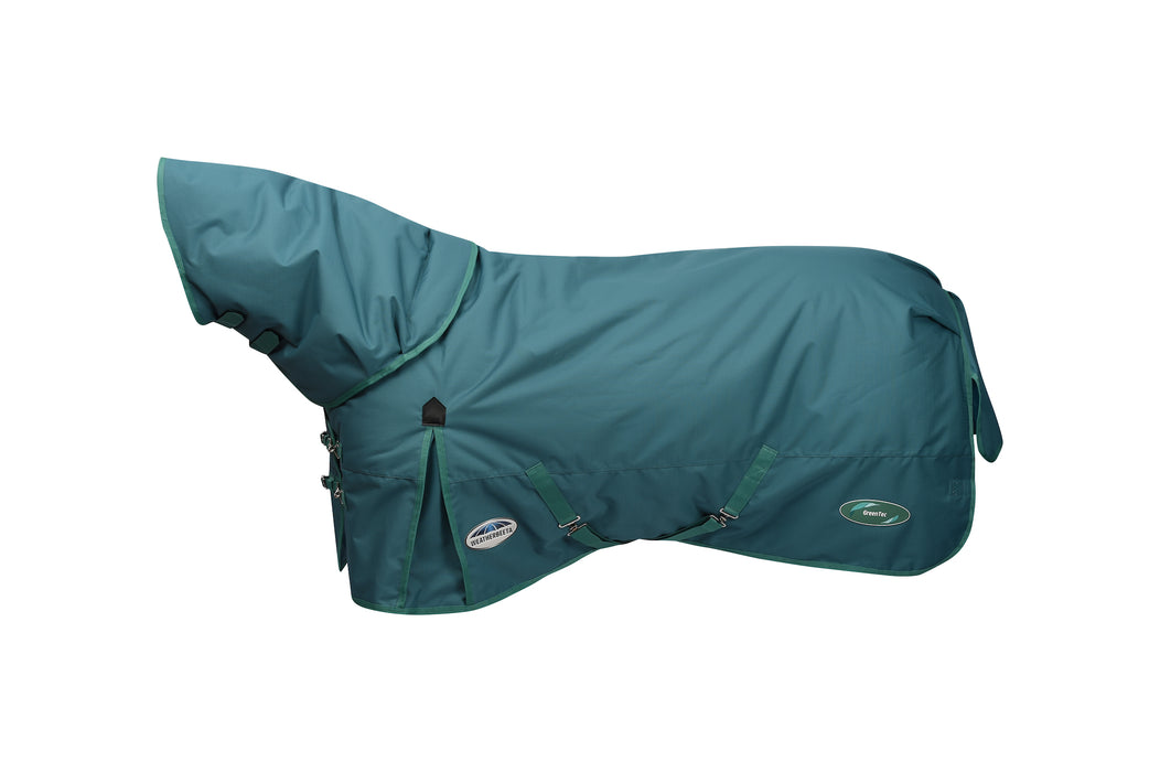 WeatherBeeta Green-Tec 1200D Detach-A-Neck Turnout Blanket (220g Medium) in Dragonfly Blue with Bottle Green Trim on White Background