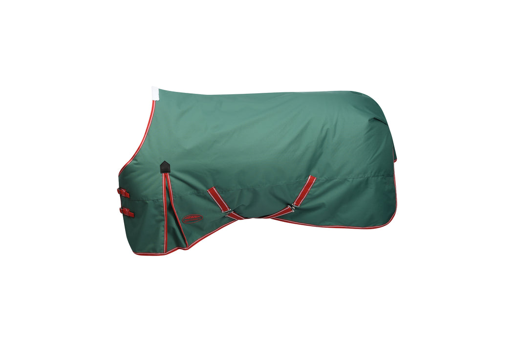 WeatherBeeta ComFiTec Prelim Standard Neck Turnout Blanket (220g Medium) in Dark Green with Red/White Trim on White Background
