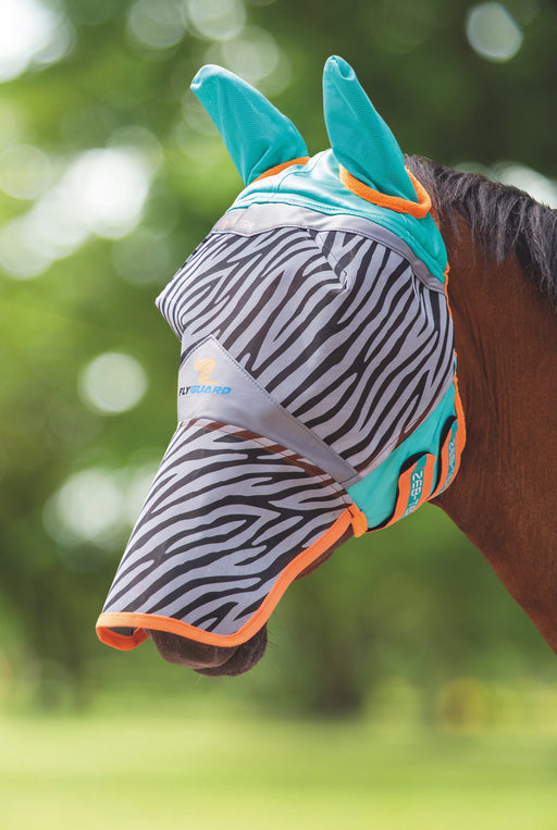 Fly Guard By Shires Pro Zeb-Tek Fly Mask (Ears + Nose) in Zebra Print - On horse