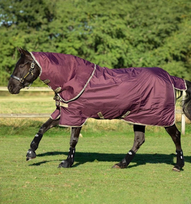 Amigo Hero Ripstop Plus Turnout Sheet (0g Light, 0g Hood) in Fig with Navy and Tan Trim - On horse, side view