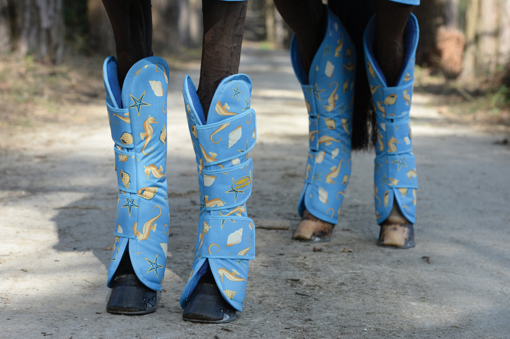 WeatherBeeta 1200D Wide Tab Long Travel Boots in Seahorse Print - All 4 Boots on Horse
