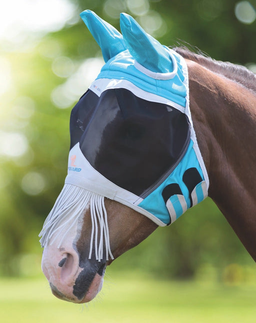 Fly Guard Pro By Shires Fine Mesh Fly Mask With Ears And Nose Fringe in Teal - On Horse