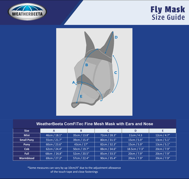 WEATHERBEETA COMFITEC DELUXE FINE MESH MASK WITH EARS & NOSE SIZING CHART