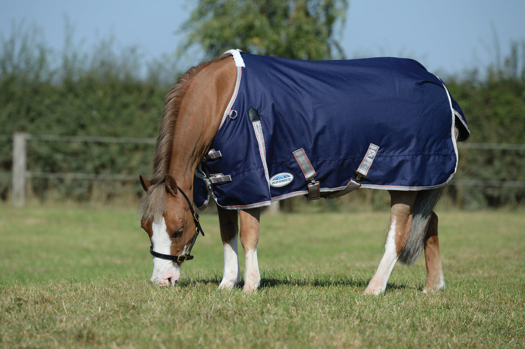 WeatherBeeta ComFiTec Essential Standard Neck Turnout Blanket (220g Medium) in Navy with Silver/Red Trim