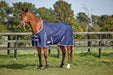 WeatherBeeta ComFiTec Essential Standard Neck Turnout Sheet (0g Lite) in Navy (Silver/Red Trim) - On horse from side