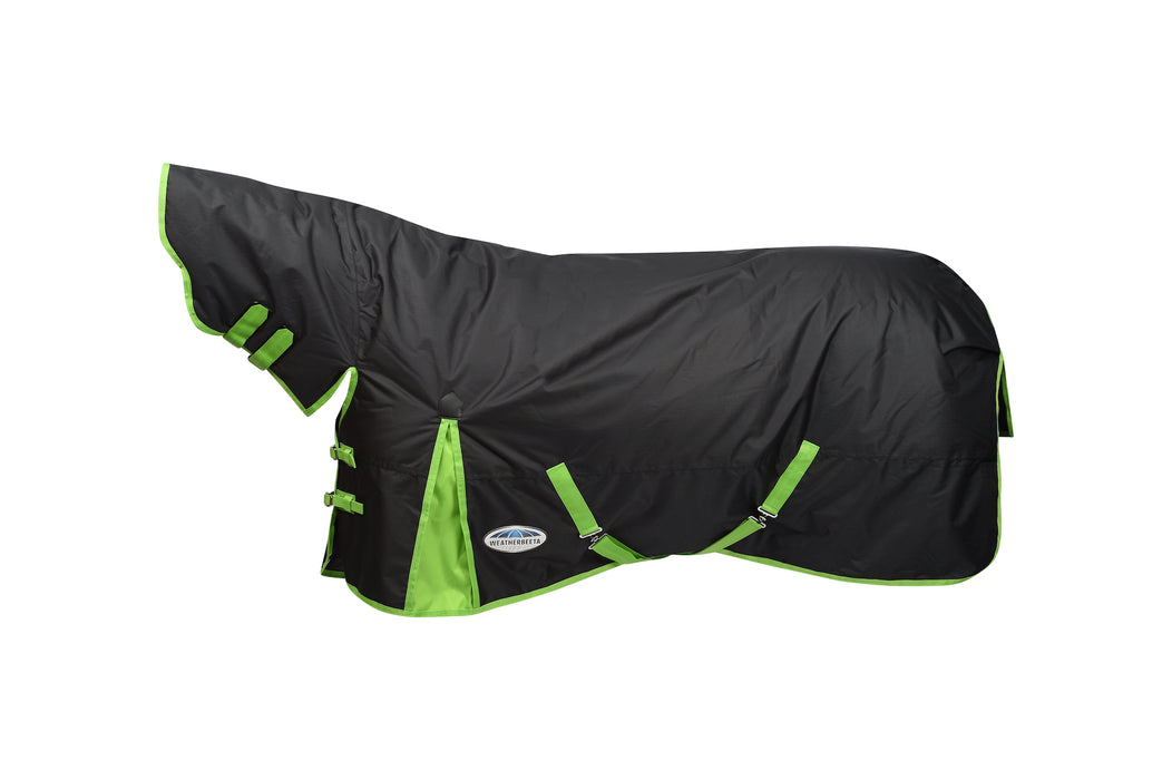 WeatherBeeta ComFiTec Classic Combo Neck Turnout Blanket (220g Medium) in Black with Lime Green Trim on White Background