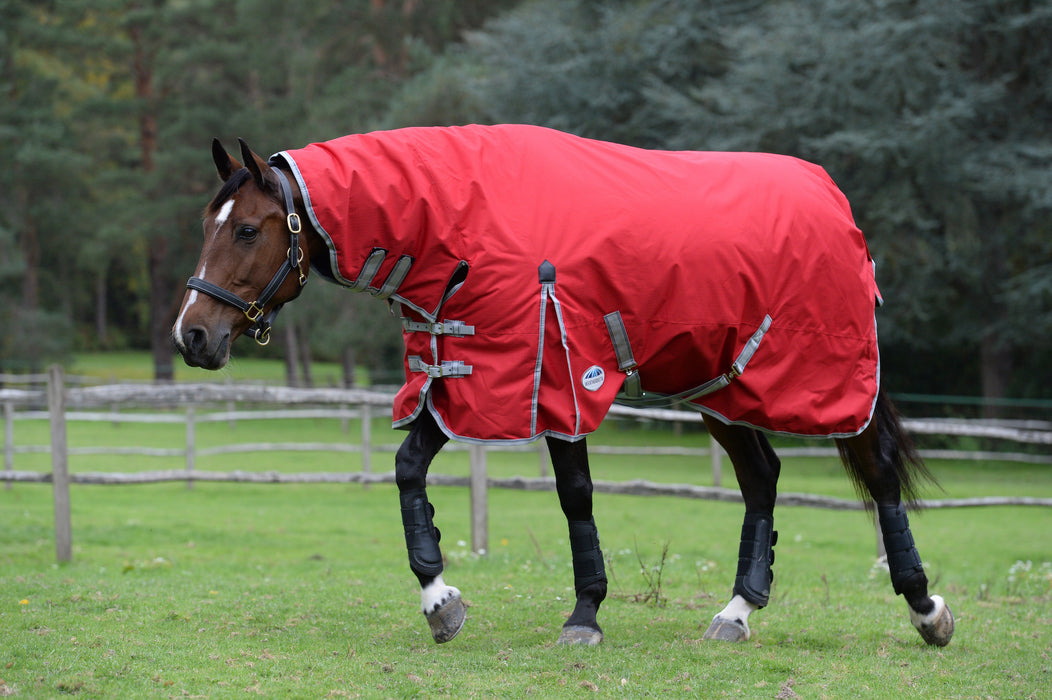 WeatherBeeta ComFiTec Classic Combo Neck Turnout Blanket (220g Medium) in Red with Silver/Navy Trim