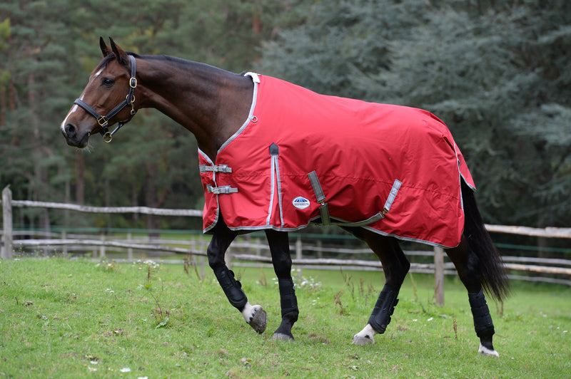 WeatherBeeta ComFiTec Classic Standard Neck Turnout Blanket (220g Medium) in Red with Silver/Navy Trim
