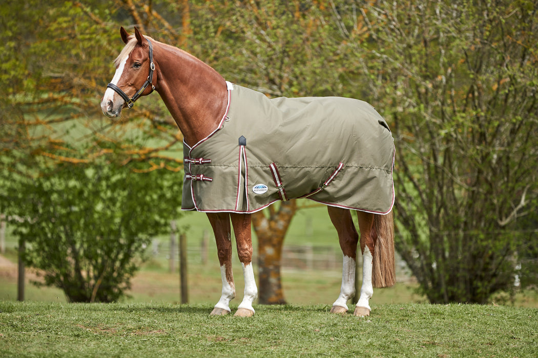 WeatherBeeta ComFiTec Essential Standard Neck Turnout Blanket (360g Heavy) in Olive Green with Burgundy/White Trim