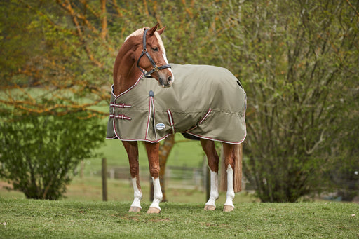 WeatherBeeta ComFiTec Essential Standard Neck Turnout Blanket (360g Heavy) in Olive Green with Burgundy/White Trim