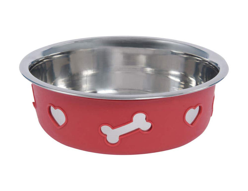 WeatherBeeta Non-Slip Stainless Steel Silicone Bone Dog Bowl in Raspberry