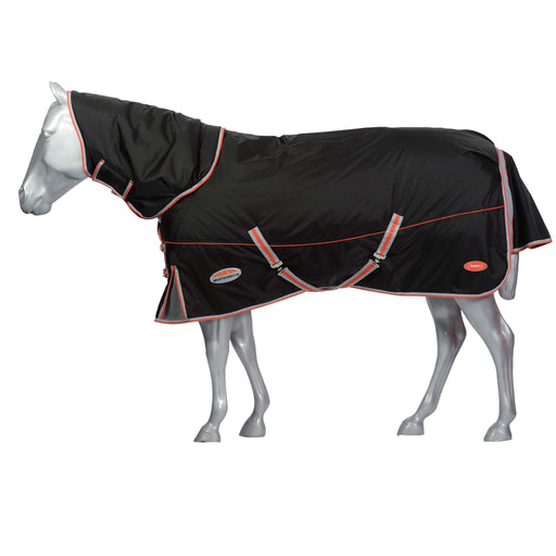 WeatherBeeta ComFiTec Premier With Therapy-Tec Detach-A-Neck Turnout Blanket (220g Medium) in Black with Silver/Red Trim on White Background