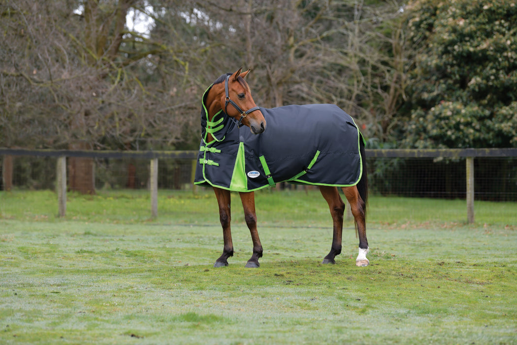WeatherBeeta ComFiTec Classic Combo Neck Turnout Blanket (300g Heavy) in Black with Lime Green Trim