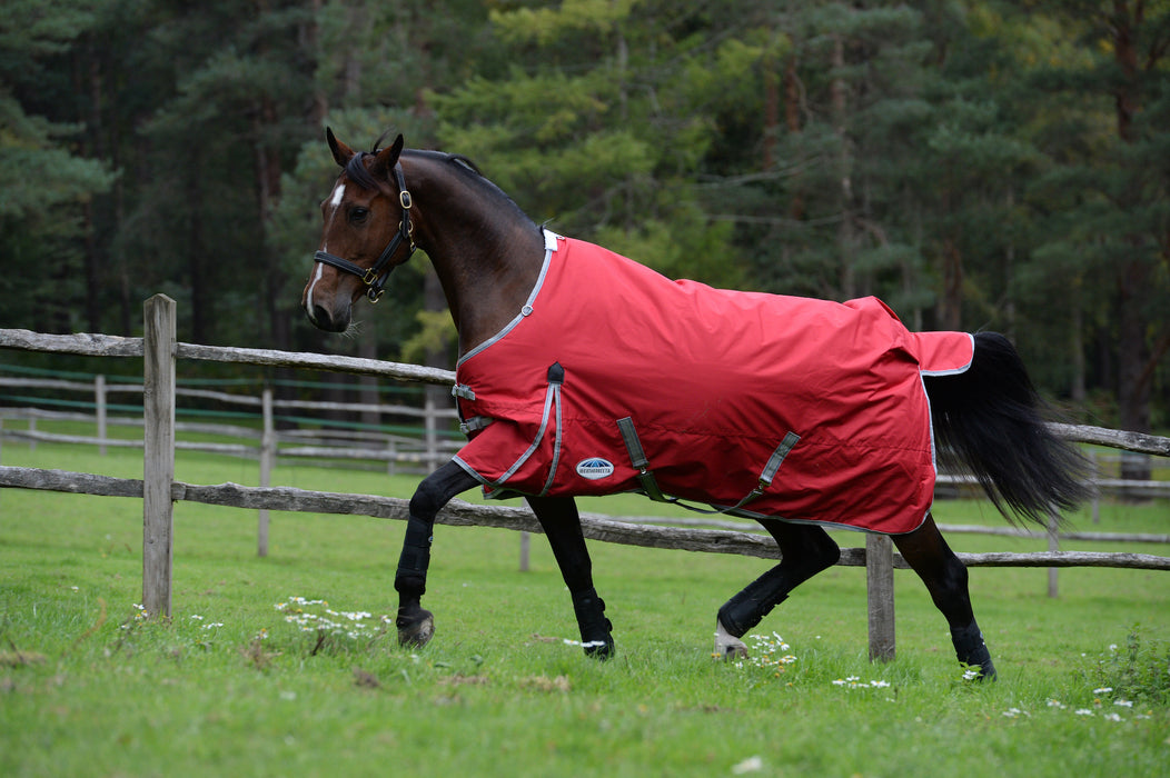 WeatherBeeta ComFiTec Classic Standard Neck Turnout Sheet (0g Lite) in Red with Silver/Navy Trim