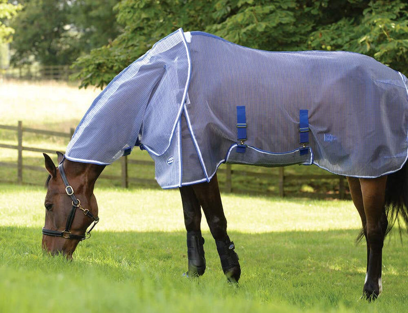 WeatherBeeta ComFiTec Ripshield Plus Detach-A-Neck Fly Sheet (No Fill + Belly Wrap) in White with Blue Trim - Horse eating from side