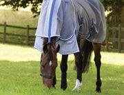WeatherBeeta ComFiTec Ripshield Plus Detach-A-Neck Fly Sheet (No Fill + Belly Wrap) in White with Blue Trim - Horse from front