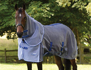 WeatherBeeta ComFiTec Ripshield Plus Detach-A-Neck Fly Sheet (No Fill + Belly Wrap) in White with Blue Trim - Horse standing from from