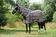 WeatherBeeta ComFiTec Essential Mesh II Combo Neck Fly Sheet (No Fill + Hood) in Diamond Navajo Print (Black) - On horse from side