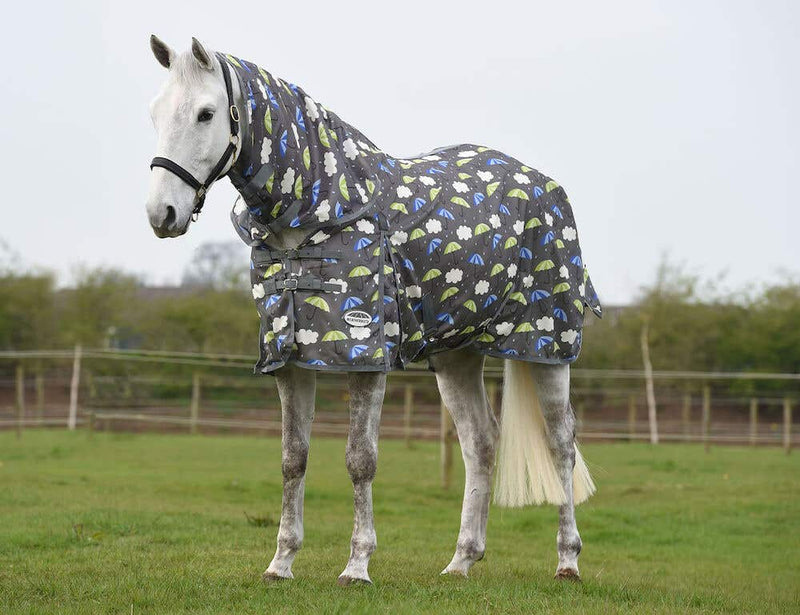 WeatherBeeta ComFiTec Essential Mesh II Combo Neck Fly Sheet (No Fill + Hood) in Umbrella Print - On horse from side