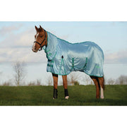 Saxon Mesh Combo Neck Fly Sheet (No Fill + Hood + Gusset + Belly Wrap) in Light Blue (Green Trim) - On horse