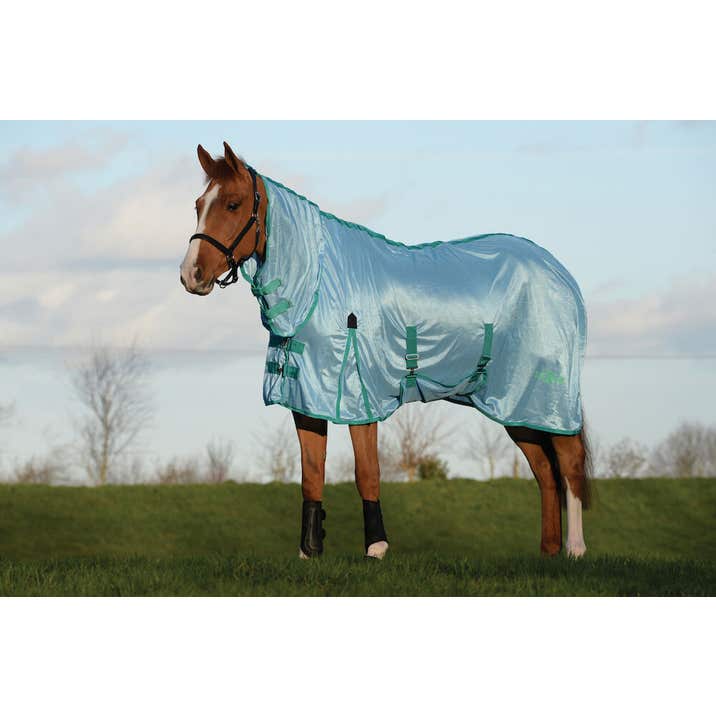 Saxon Mesh Combo Neck Fly Sheet (No Fill + Hood + Gusset + Belly Wrap) in Light Blue (Green Trim) - On horse