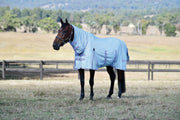 Saxon Mesh Combo Neck Fly Sheet (No Fill + Hood + Gusset + Belly Wrap) in Stone Blue (Lavender Trim) - On horse