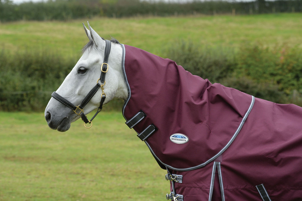 WeatherBeeta ComFiTec Plus Dynamic II Turnout Neck Rug (100g Medium-Lite) in Maroon with Grey/White Trim