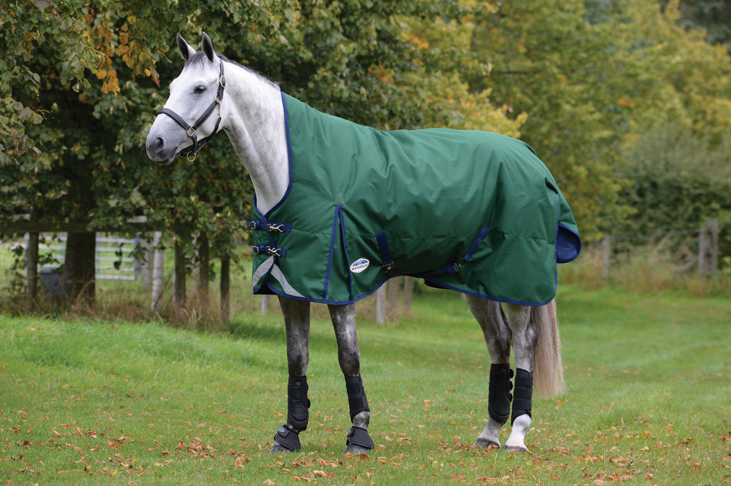 WeatherBeeta ComFiTec Plus Dynamic II High Neck Turnout Blanket (220g Medium) in Hunter Green with Navy Trim