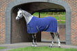 WeatherBeeta Standard Neck Cotton Show Sheet With Surcingles II (No Fill) in Dark Blue (Grey/White Trim) - On horse from side