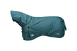 WeatherBeeta Green-Tec 1200D Detach-A-Neck Turnout Blanket (220g Medium) in Dragonfly Blue with Bottle Green Trim on White Background