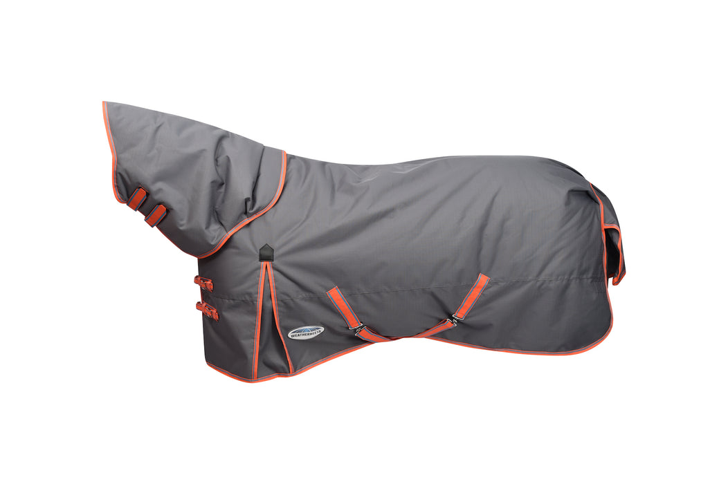 WeatherBeeta ComFiTec Essential Plus Detach-A-Neck Turnout Blanket (220g Medium) in Grey with Orange/Blue Trim on White Background