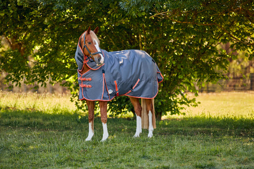 WeatherBeeta ComFiTec Essential Plus Detach-A-Neck Turnout Blanket (220g Medium) in Grey with Orange/Blue Trim