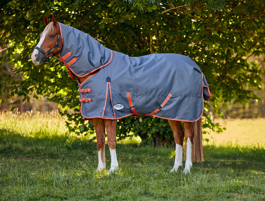 WeatherBeeta ComFiTec Essential Plus Detach-A-Neck Turnout Blanket (220g Medium) in Grey with Orange/Blue Trim