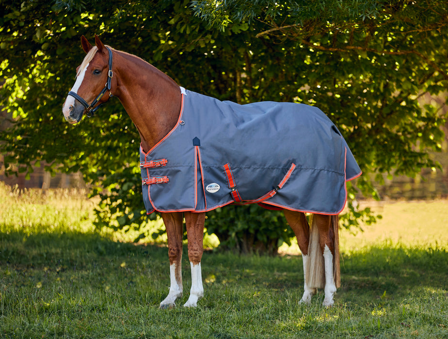 WeatherBeeta ComFiTec Essential Plus Standard Neck Turnout Blanket (220g Medium) in Grey with Orange/Blue Trim
