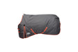 WeatherBeeta ComFiTec Essential Plus Standard Neck Turnout Blanket (220g Medium) in Grey with Orange/Blue Trim on White Background