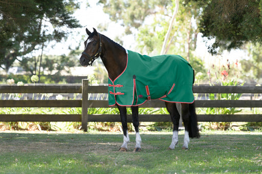 WeatherBeeta ComFiTec Prelim Standard Neck Turnout Blanket (220g Medium) in Dark Green with Red/White Trim