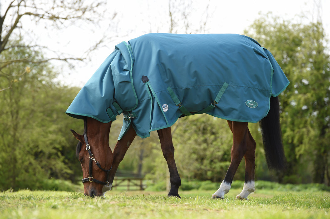 WeatherBeeta Green-Tec 1200D Detach-A-Neck Turnout Blanket (360g Heavy) in Dragonfly Blue with Bottle Green Trim
