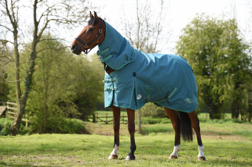 WeatherBeeta Green-Tec 1200D Detach-A-Neck Turnout Blanket (360g Heavy) in Dragonfly Blue with Bottle Green Trim