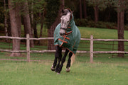 WeatherBeeta ComFiTec Tyro Plus Combo Neck Turnout Blanket (50g Medium-Lite) in Green (Burnt Orange/White Trim) - On horse running from front