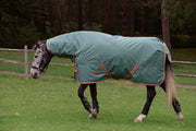 WeatherBeeta ComFiTec Tyro Plus Combo Neck Turnout Blanket (50g Medium-Lite) in Green (Burnt Orange/White Trim) - On horse trotting from side