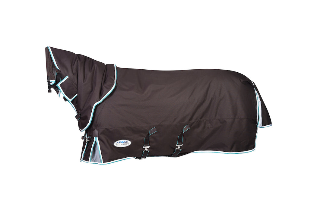 WeatherBeeta ComFiTec Ultra Cozi III Detach-A-Neck Turnout Blanket (220g Medium) in Charcoal with Teal Blue/White Trim on White Background