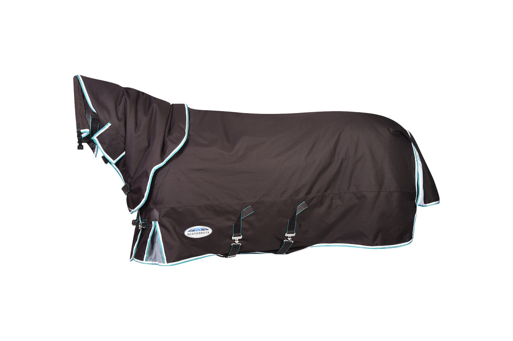 WeatherBeeta ComFiTec Ultra Cozi III Detach-A-Neck Turnout Blanket (360g Heavy) in Charcoal/Teal with Blue/White Trim on White Background