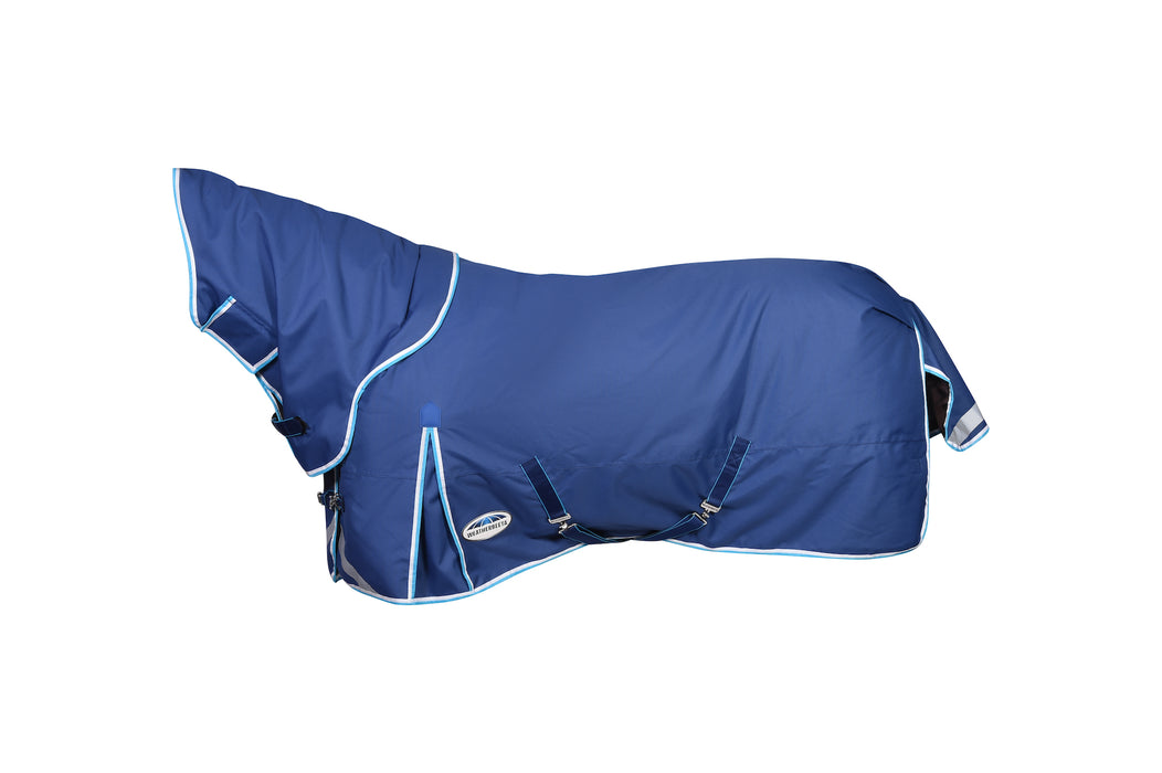 WeatherBeeta ComFiTec Ultra Tough III Detach-A-Neck Turnout Blanket (360g Heavy) in Blue with Bright Blue/White Trim on White Background