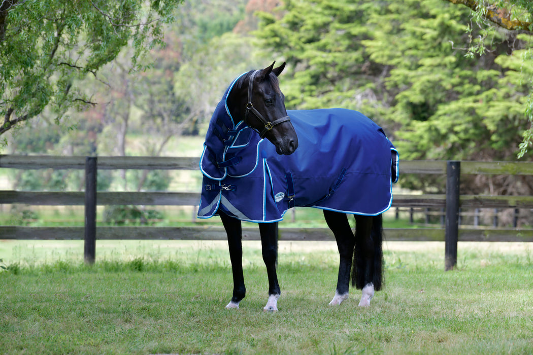 WeatherBeeta ComFiTec Ultra Tough III Detach-A-Neck Turnout Blanket (360g Heavy) in Blue with Bright Blue/White Trim