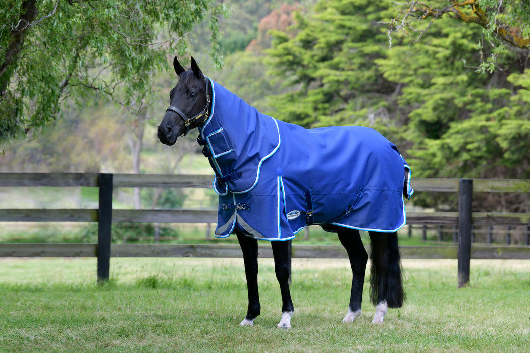 WeatherBeeta ComFiTec Ultra Tough III Detach-A-Neck Turnout Blanket (360g Heavy) in Blue with Bright Blue/White Trim