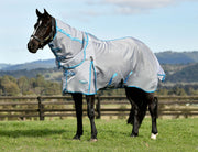 WeatherBeeta ComFiTec Hexi Shield Combo Neck Fly Sheet (No Fill + Hood) in Silver (Teal/Blue Trim) - On horse from side