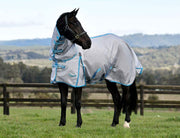 WeatherBeeta ComFiTec Hexi Shield Combo Neck Fly Sheet (No Fill + Hood) in Silver (Teal/Blue Trim) - On horse from side looking back