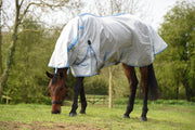 WeatherBeeta ComFiTec Hexi Shield Combo Neck Fly Sheet (No Fill + Hood) in Silver (Teal/Blue Trim) - On horse grazing from side