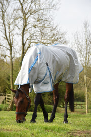 WeatherBeeta ComFiTec Hexi Shield Combo Neck Fly Sheet (No Fill + Hood) in Silver (Teal/Blue Trim) - On horse from front